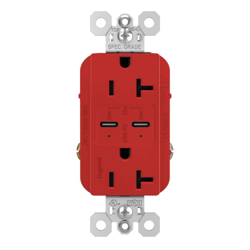 Legrand - TR20USBPDRED - 20A Tamper Resistant Ultra Fast PLUS Power Delivery USB Type C/C Outlet - radiant - Red