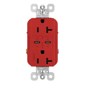 Legrand - TR20USBPDRED - 20A Tamper Resistant Ultra Fast PLUS Power Delivery USB Type C/C Outlet - radiant - Red