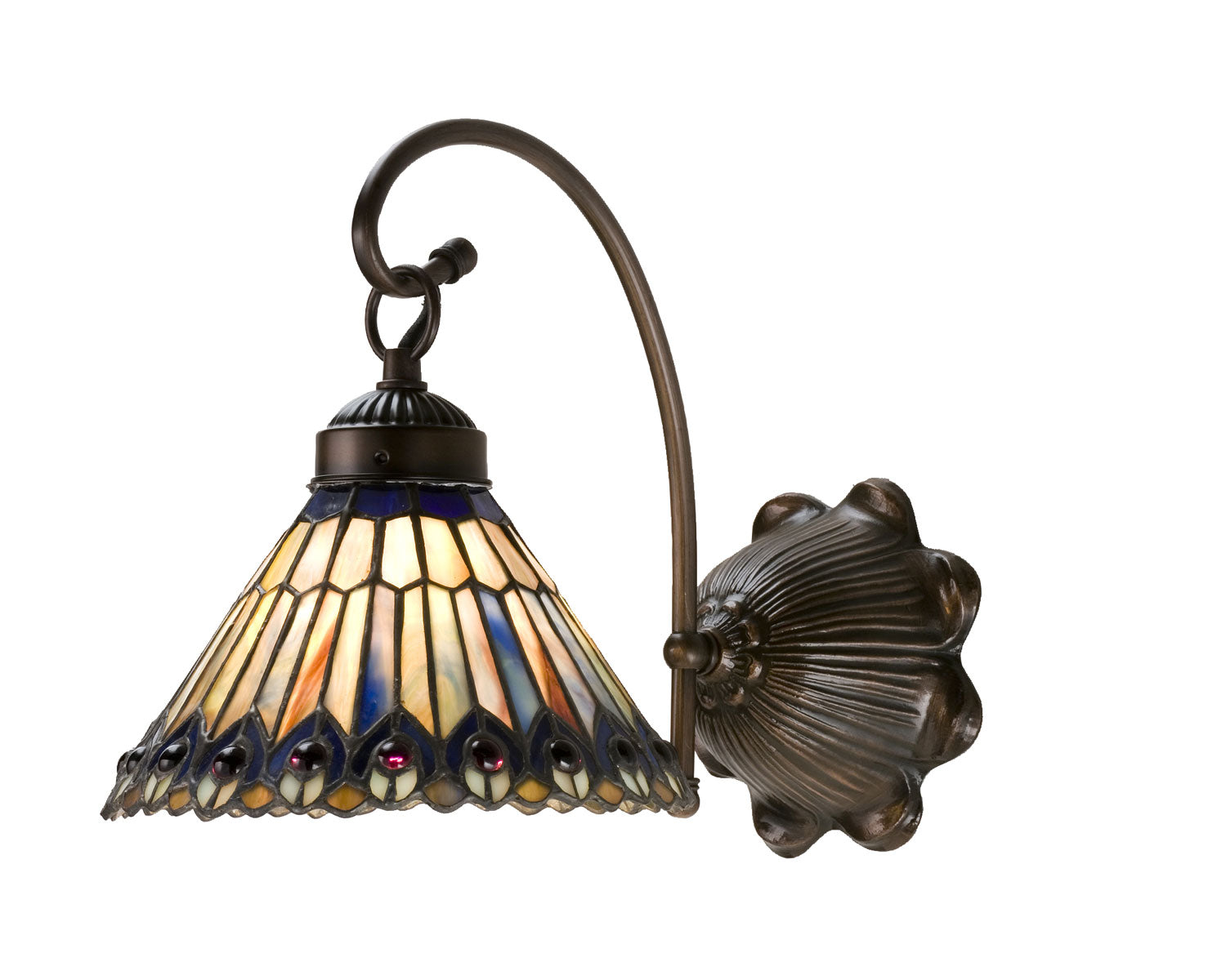 Meyda Tiffany - 18525 - One Light Wall Sconce - Tiffany Jeweled Peacock - Craftsman Brown