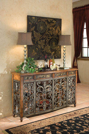 Ambella Home - 05125-850-001 - Console - Showcase - Scrolled Iron, Leather and Brass