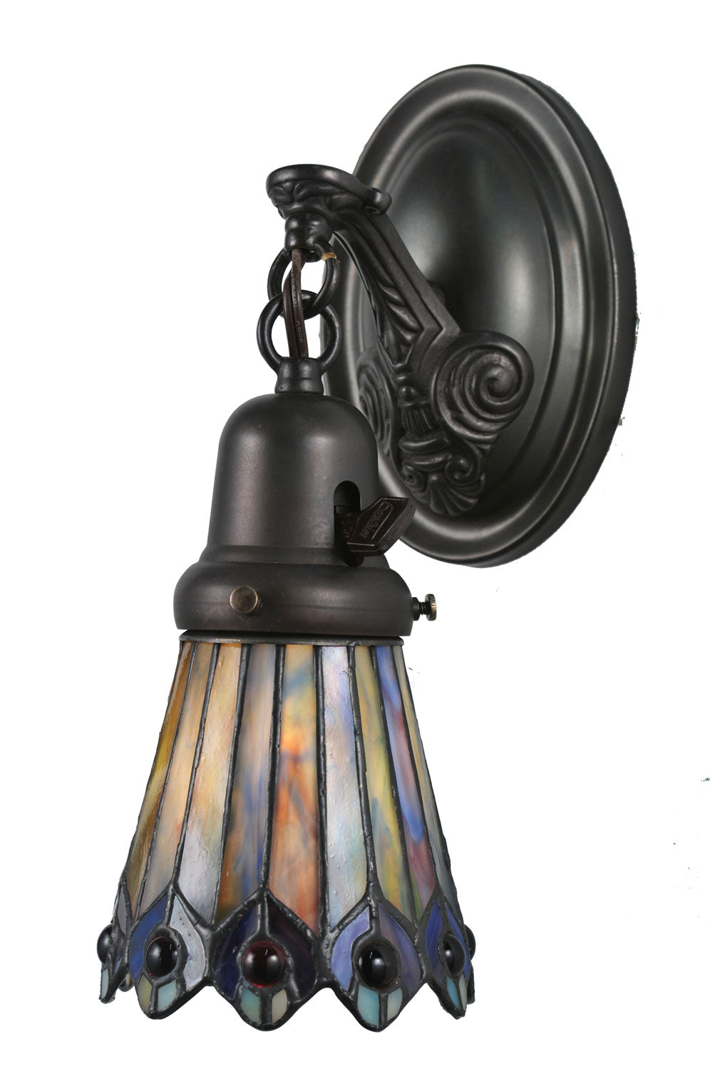 Meyda Tiffany - 106004 - One Light Wall Sconce - Tiffany Jeweled Peacock - Craftsman Brown