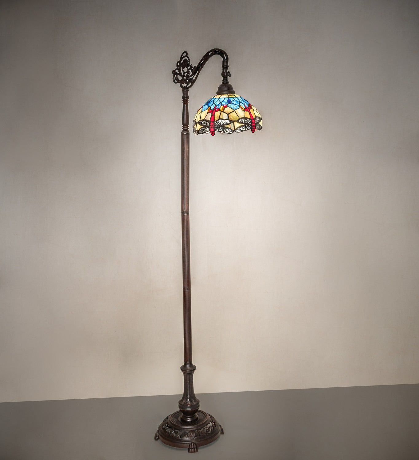 Meyda Tiffany - 119648 - One Light Bridge Arm Floor Lamp - Tiffany Hanginghead Dragonfly - Mahogany Bronze