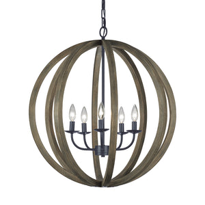 Visual Comfort Studio - F2936/5WOW/AF - Five Light Pendant - Allier - Weathered Oak Wood / Antique Forged Iron