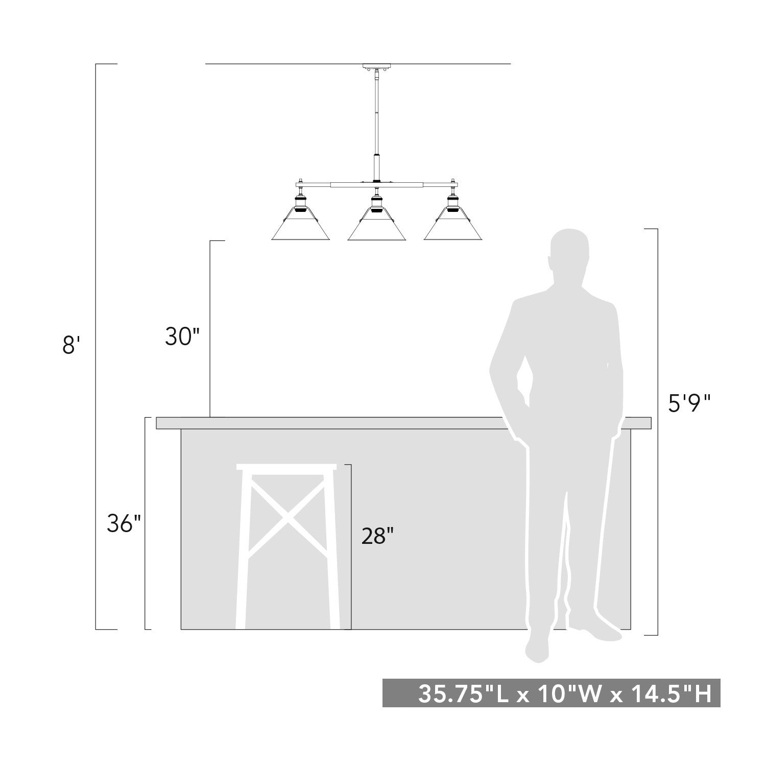 Golden - 3306-LP PW-NVY - Three Light Linear Pendant - Orwell PW - Pewter