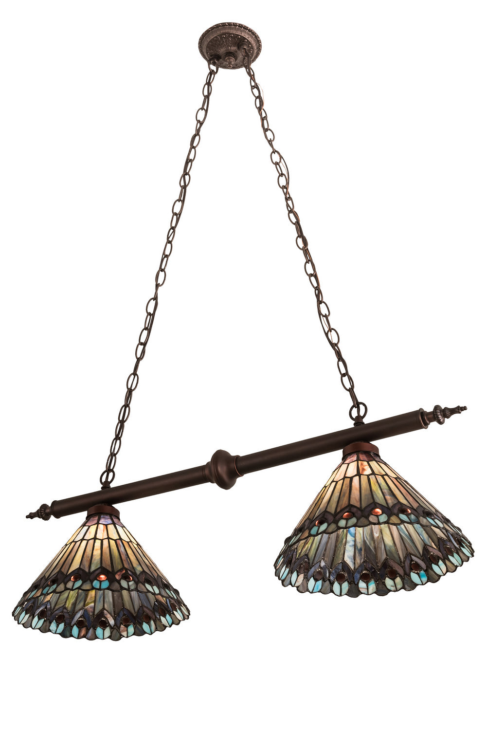 Meyda Tiffany - 195518 - Two Light Island Pendant - Tiffany Jeweled Peacock - Mahogany Bronze