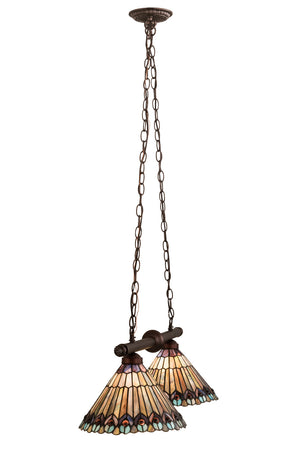 Meyda Tiffany - 195518 - Two Light Island Pendant - Tiffany Jeweled Peacock - Mahogany Bronze