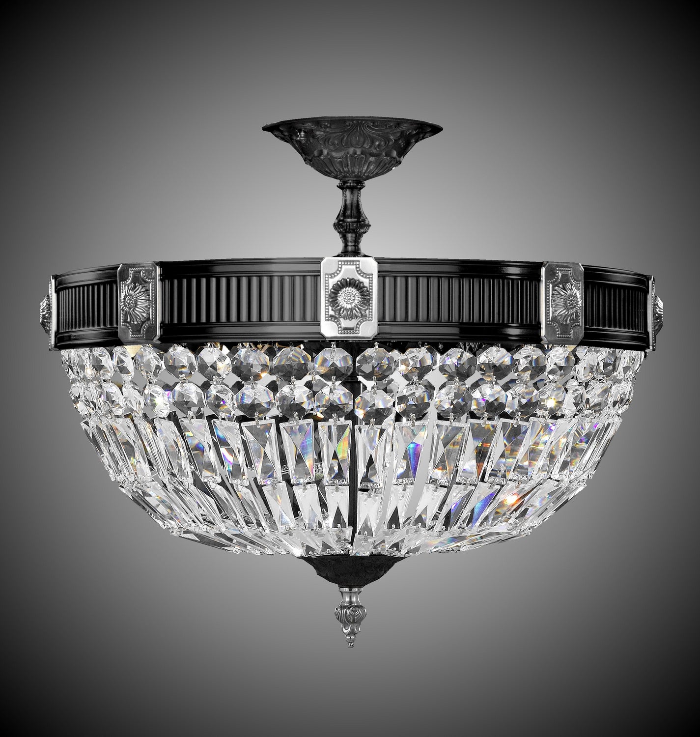 American Brass & Crystal - FM2153-P-05S-07G - Nine Light Semi Flush Mount - Finisterra - Old Bronze w/ Satin Nickel Accents