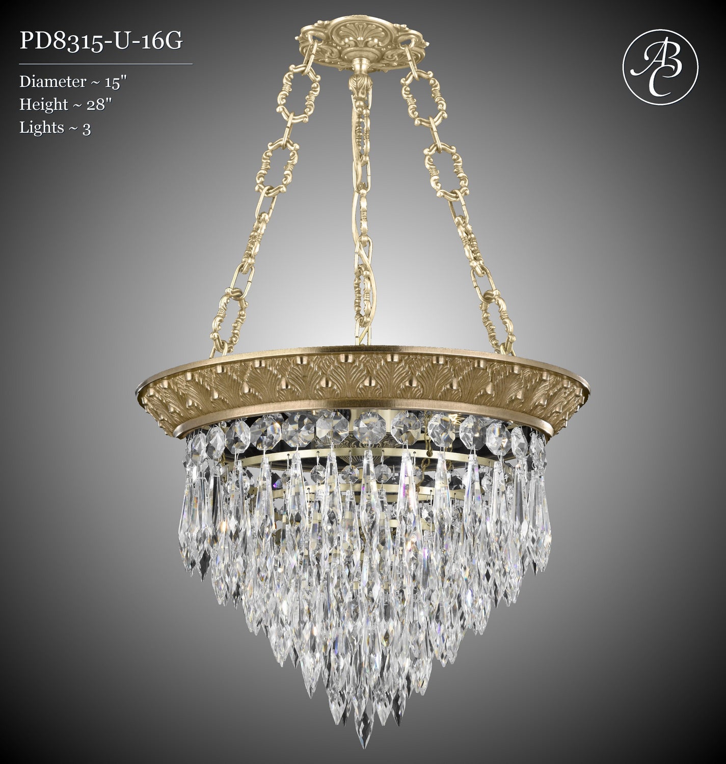 American Brass & Crystal - PD8315-U-16G - Three Light Pendant - Corinthian - True Brass