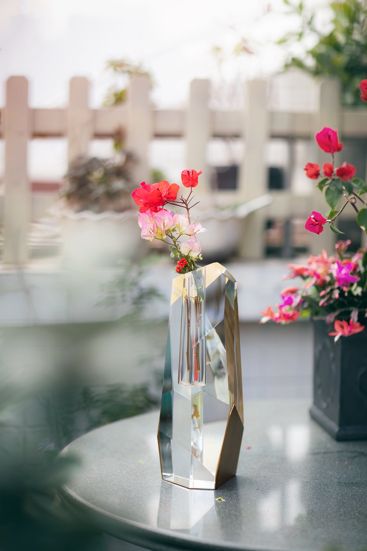 Asymmetrical Crystal Vase with Brass Accents - Tall