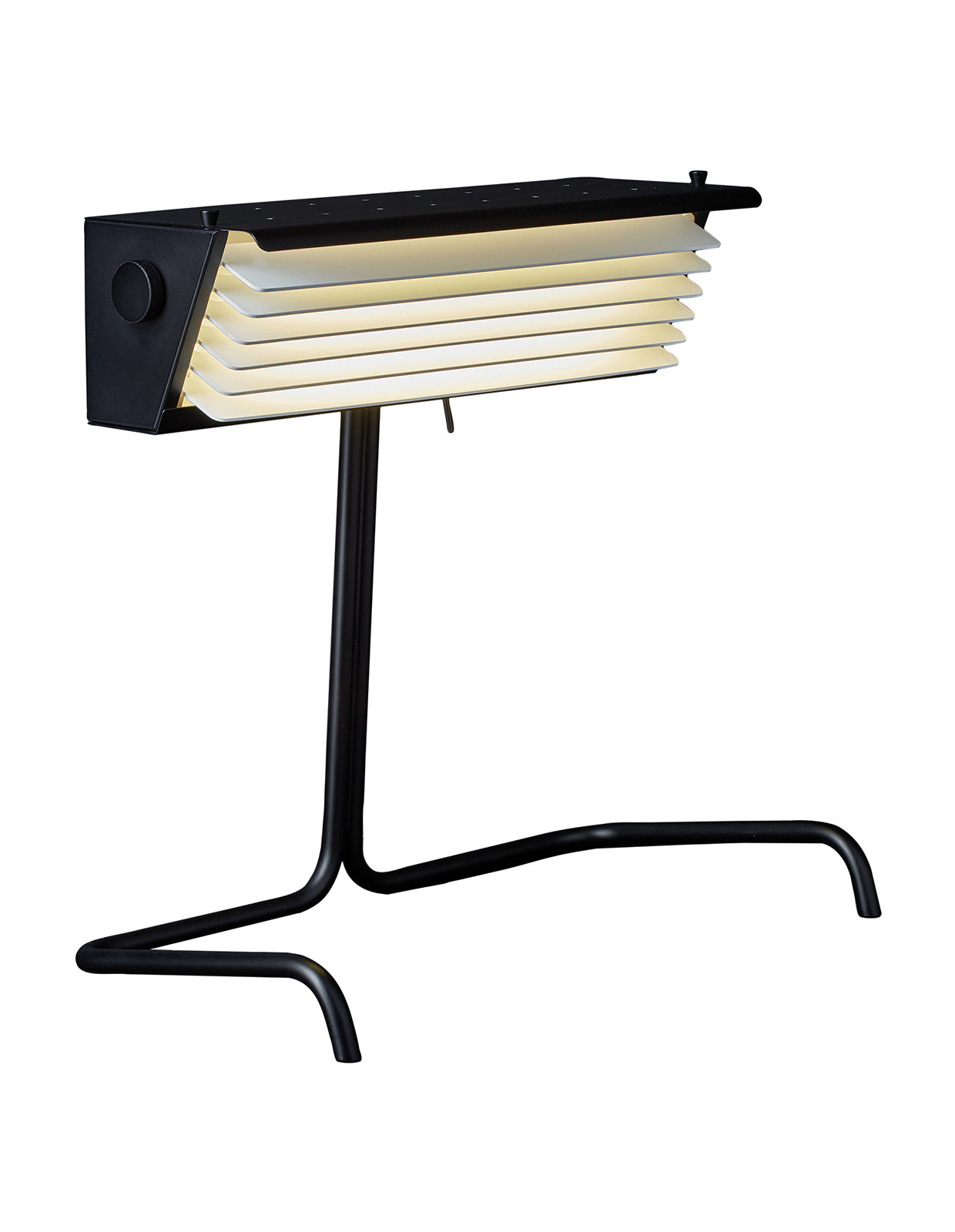 Table lamp in steel and aluminium. Biny in a few words: efficiency, simplicity, sobriety and elegance. Designed in 1957 by Jacques