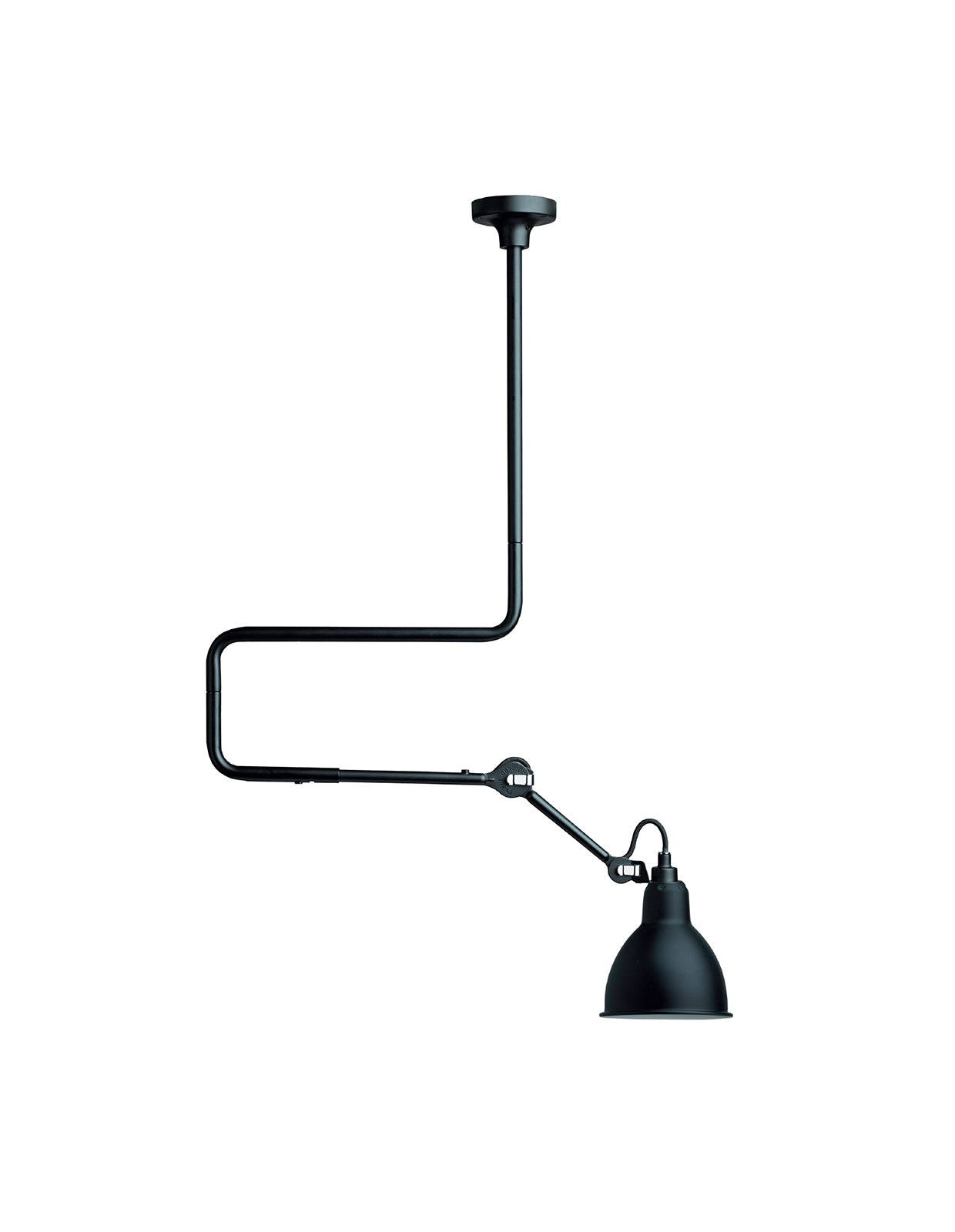 Steel ceiling lamp. An atypical ceiling lamp, highly graphic and practical with its extension of 50 cm (the lamp's height is adjus