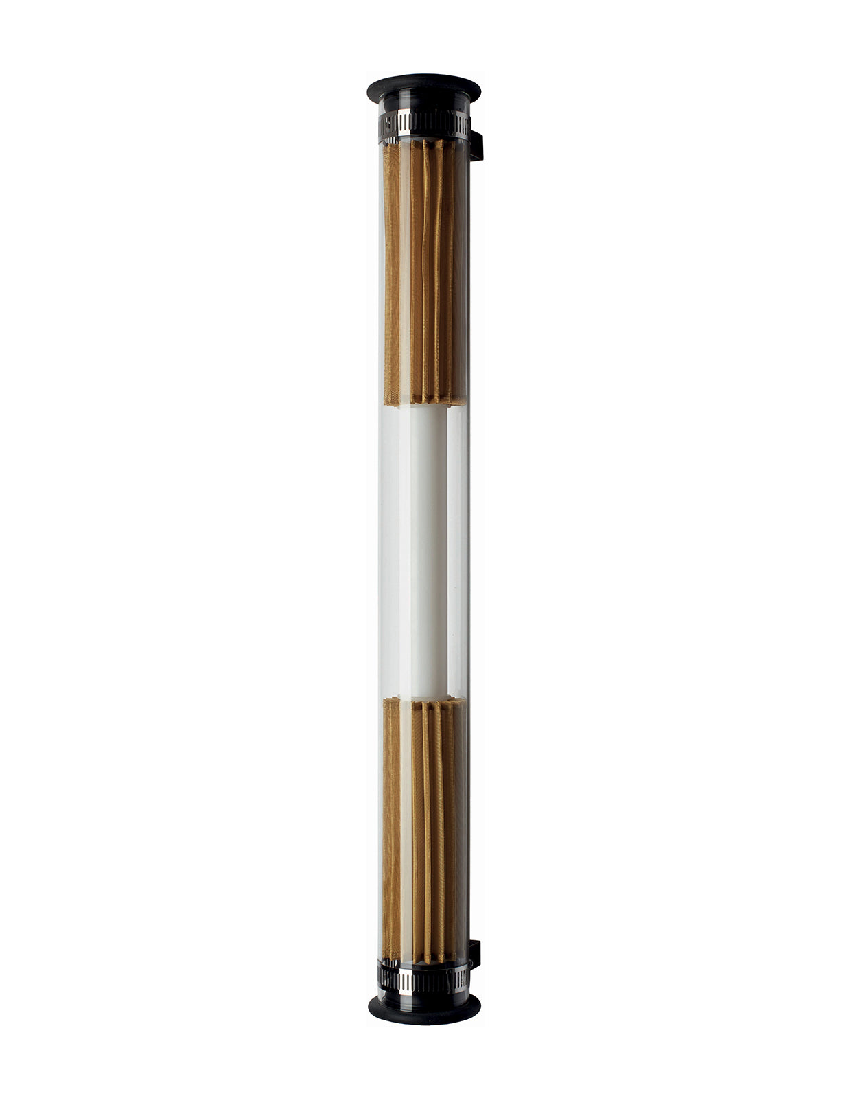 This lamp in borosilicate glass and brass or stainless steel mesh can be used as a wall or a ceiling lamp. The light source (LED o