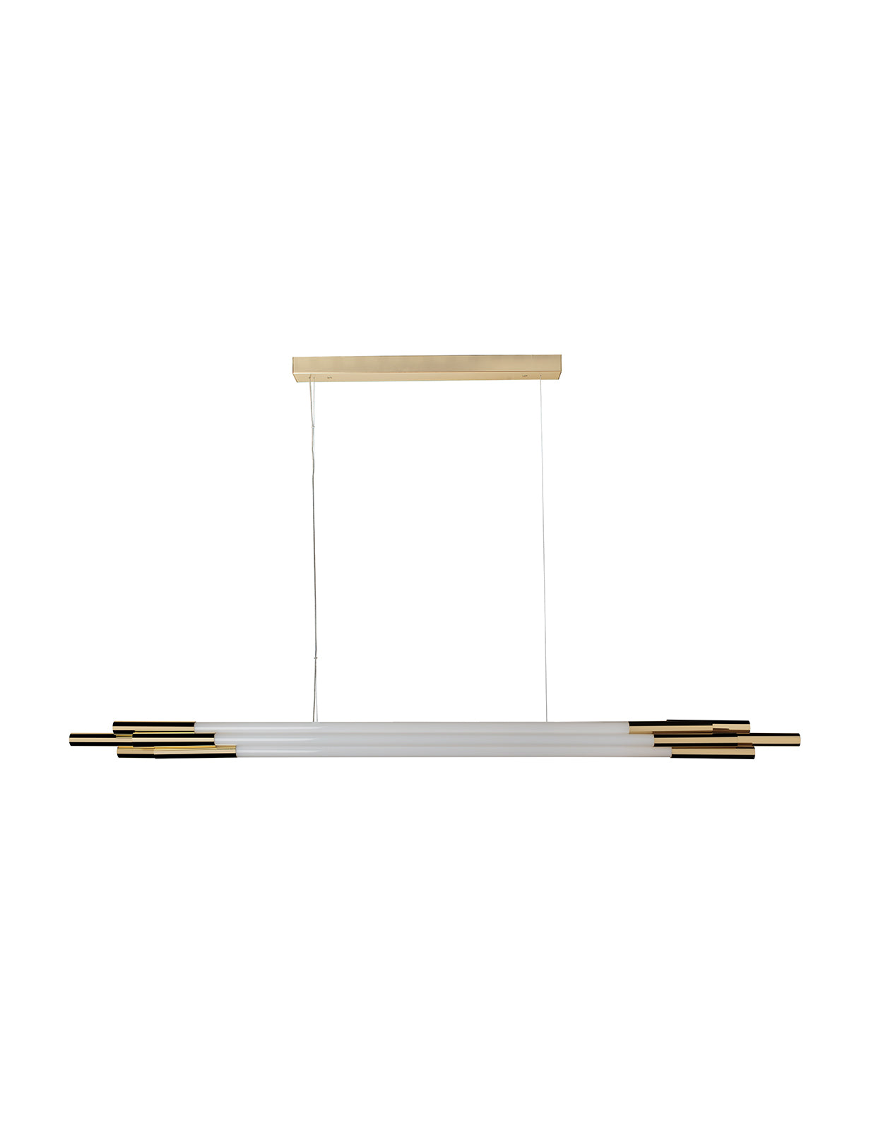 Horizontal pendant lamp in anodised aluminium (gold finish) and opaline glass. The designer Sébastien Summa was inspired by scienc