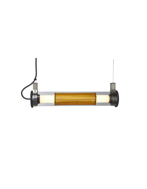 Horizontal pendant lamp  in borosilicate glass and brass or stainless steel mesh. The light source (LED on aluminium profile) emit