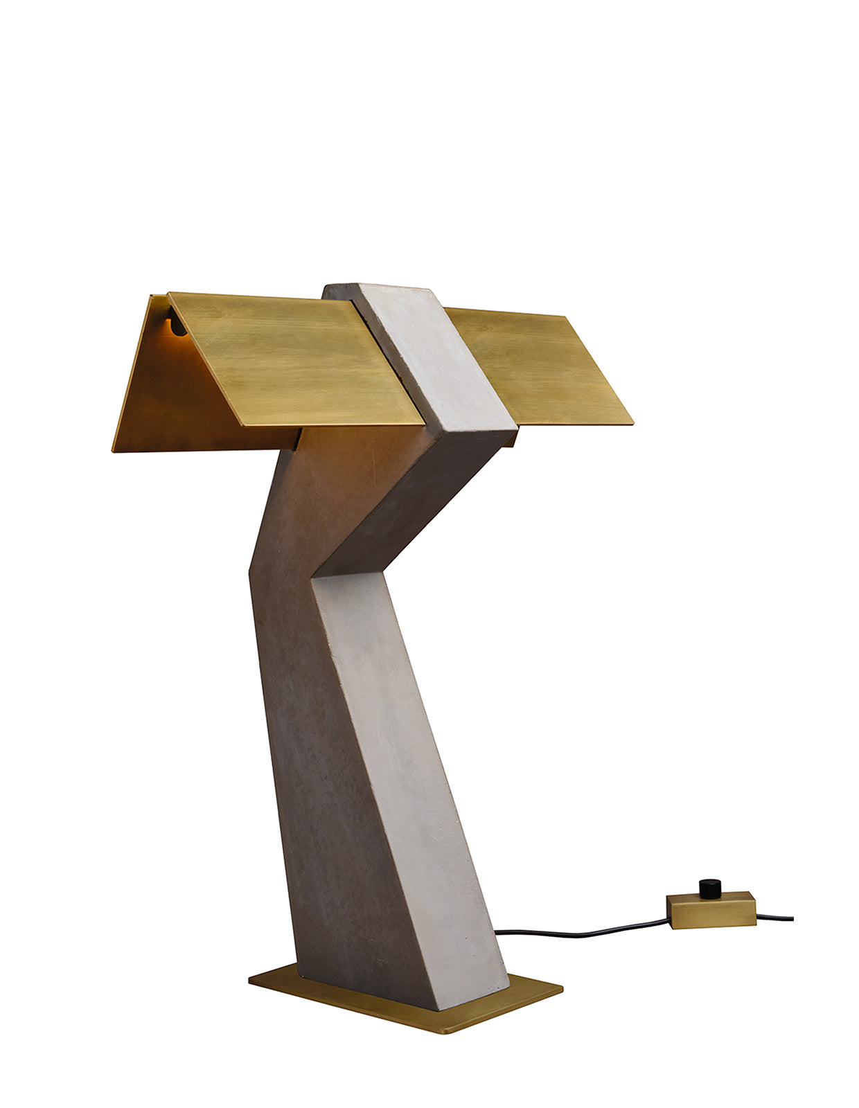 Table lamp in concrete and steel. Tau, a lamp that borrows its name and shape from the Greek alphabet. A return to the essentials 