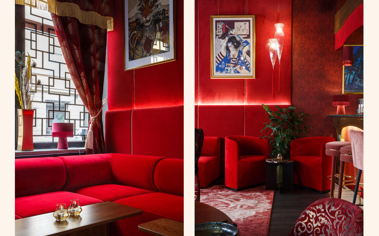 Red interior design with vibrant colors and modern decor elements.