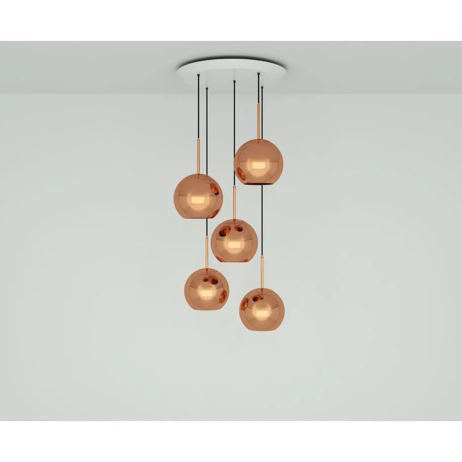 Copper LED Pendant 5 Light System - Round, Same Size Shades