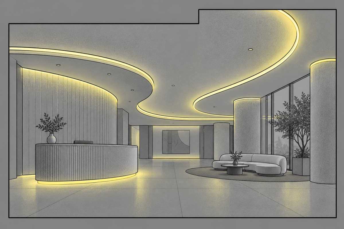 Curved and custom-shaped linear lighting illustration