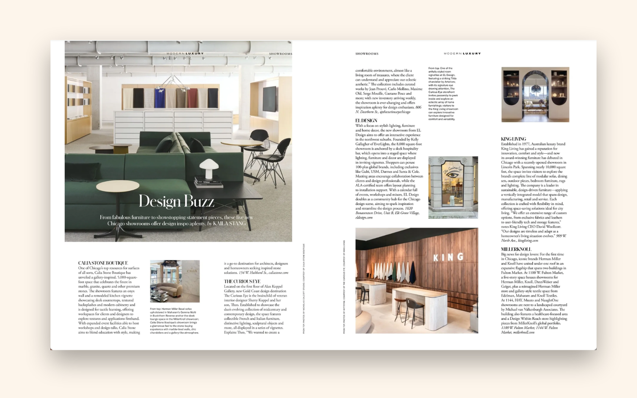 Magazine layout with interior design articles and images on a white background