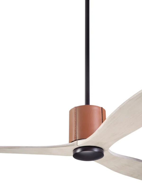 Ceiling fan with brown light fixture on a white background