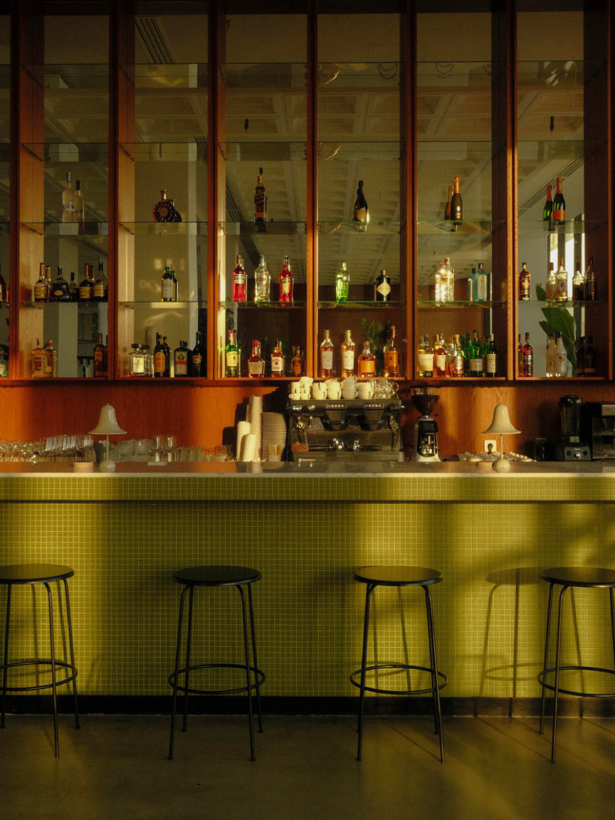 Bar with shelves of bottles and a counter with stools in a dimly lit setting