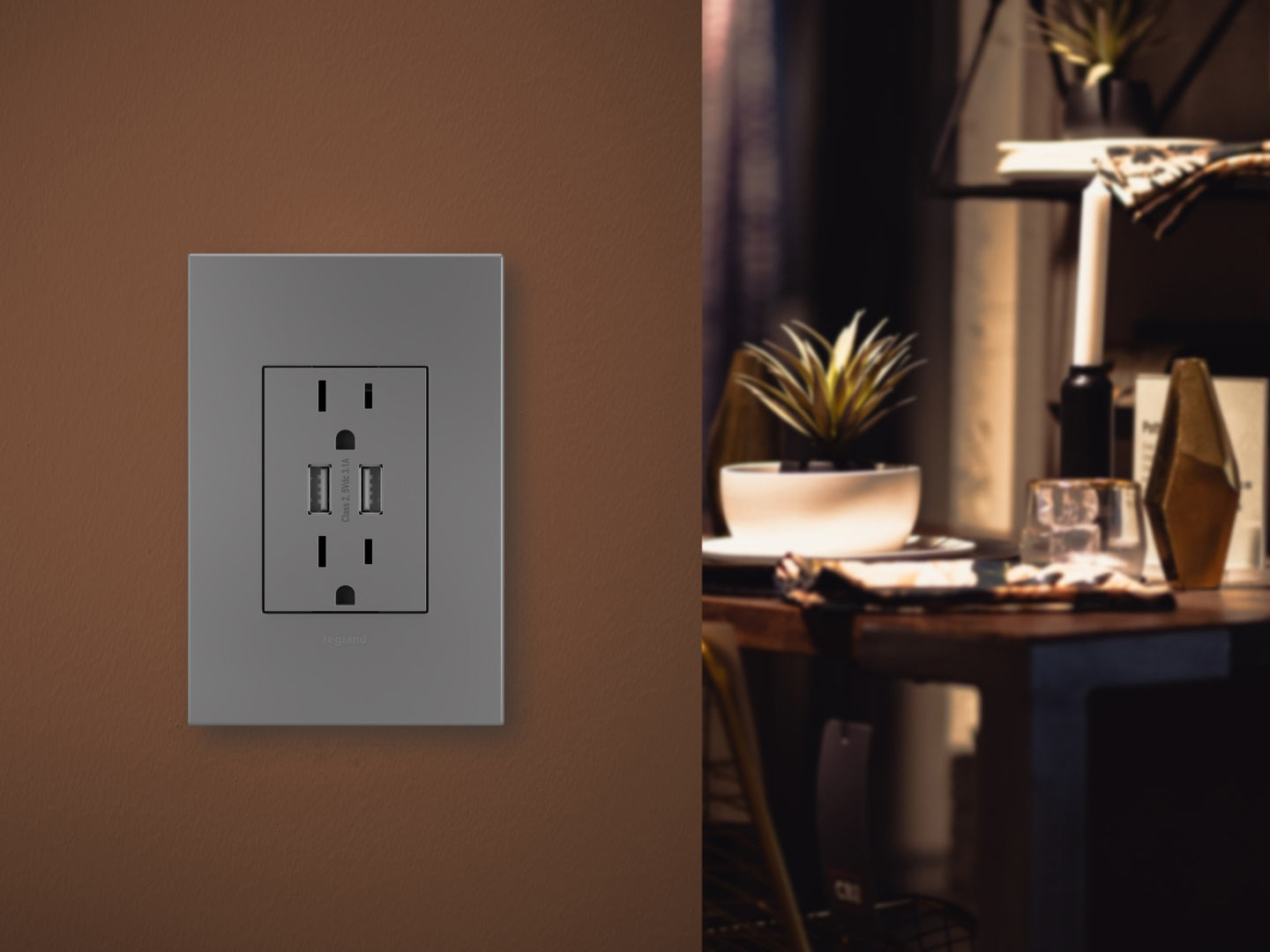 Legrand - ARTRUSB153M4WP - Dual Usb Plus-Size Outlet Combo With Matching Wall Plate - Adorne - Magnesium