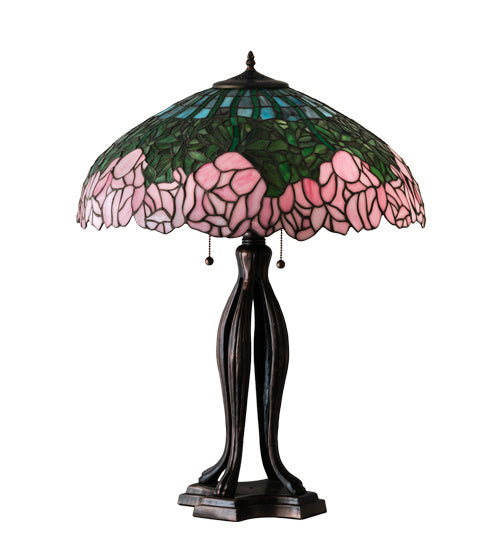 Meyda Tiffany - 126904 - Three Light Table Lamp - Tiffany Cabbage Rose - Mahogany Bronze