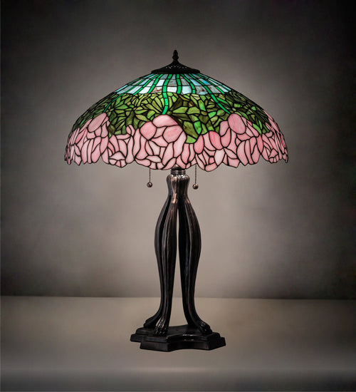 Meyda Tiffany - 126904 - Three Light Table Lamp - Tiffany Cabbage Rose - Mahogany Bronze