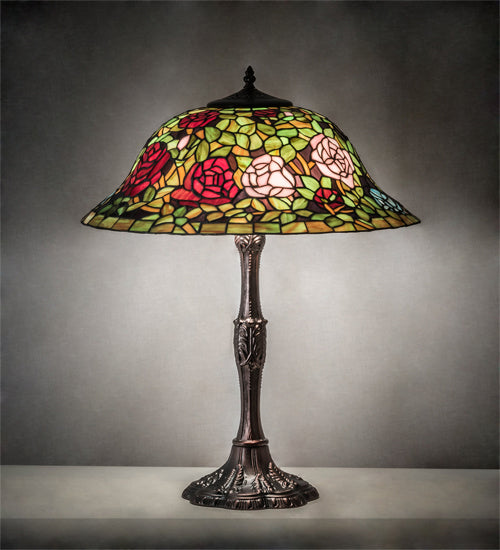 Meyda Tiffany - 232799 - Three Light Table Lamp - Tiffany Rosebush - Mahogany Bronze