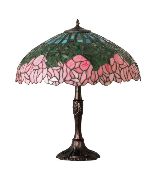 Meyda Tiffany - 232802 - Three Light Table Lamp - Tiffany Cabbage Rose - Mahogany Bronze