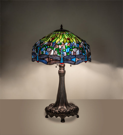 Meyda Tiffany - 47552 - Three Light Table Lamp - Tiffany Hanginghead Dragonfly - Mahogany Bronze