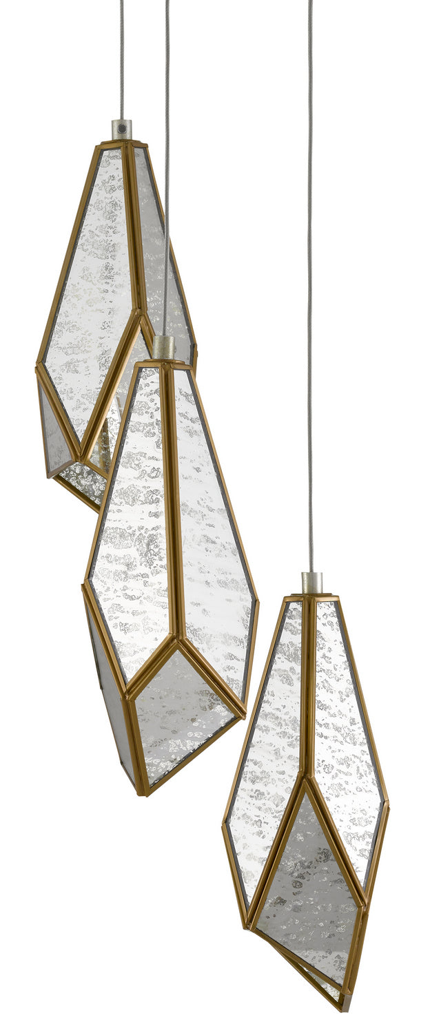 Currey and Company - 9000-0703 - Three Light Pendant - Glace - Raj Mirror/Antique Brass