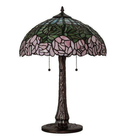 Meyda Tiffany - 242043 - Three Light Table Lamp - Tiffany Cabbage Rose - Mahogany Bronze