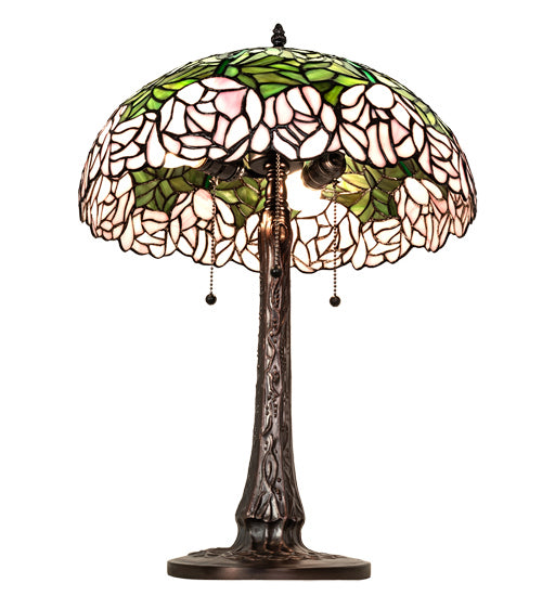 Meyda Tiffany - 242043 - Three Light Table Lamp - Tiffany Cabbage Rose - Mahogany Bronze