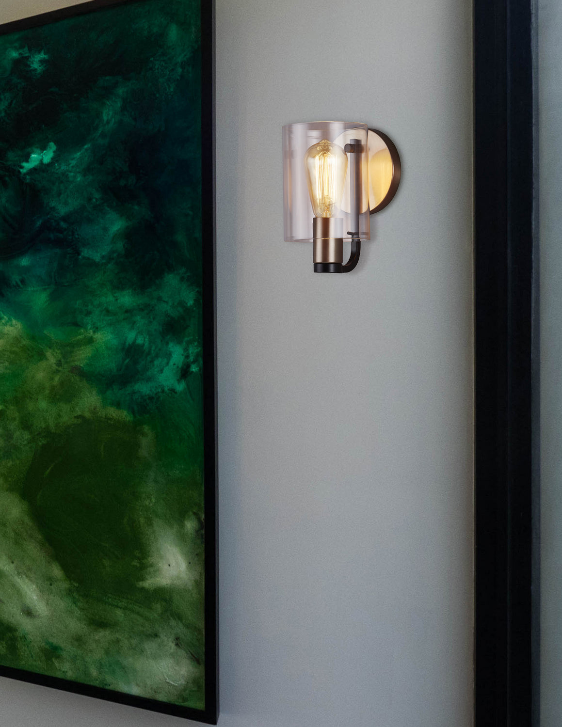 Justice Designs - FSN-8081-CLER-MBBR - One Light Wall Sconce - Fusion - Matte Black w/ Brass