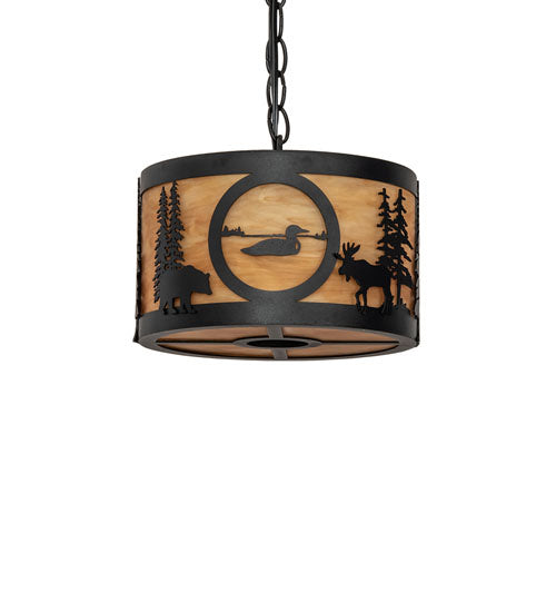 Meyda Tiffany - 240924 - Two Light Pendant - Wildlife At Pine Lake - Textured Black