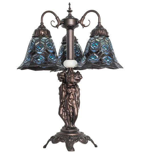 Meyda Tiffany - 245482 - Three Light Table Lamp - Tiffany Peacock Feather - Mahogany Bronze