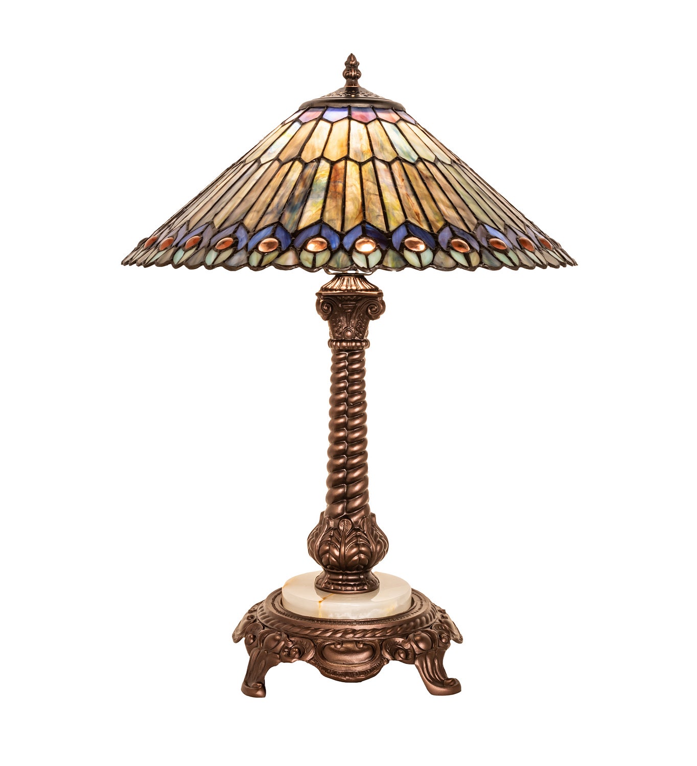 Meyda Tiffany - 251928 - One Light Table Lamp - Tiffany Jeweled Peacock - Mahogany Bronze