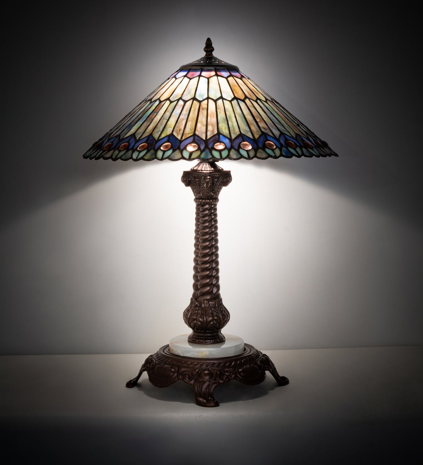 Meyda Tiffany - 251928 - One Light Table Lamp - Tiffany Jeweled Peacock - Mahogany Bronze