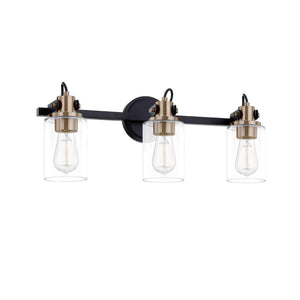 Justice Designs - FSN-8193-CLER-MBBR - Three Light Bath Bar - Fusion - Matte Black w/ Brass