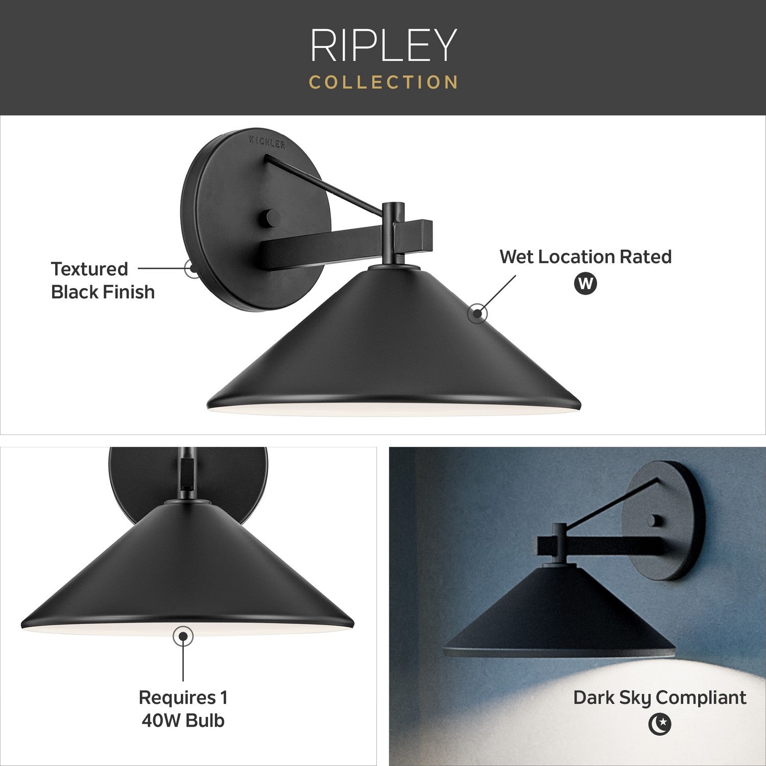 Kichler - 49061BK - One Light Outdoor Wall Mount - Ripley - Black