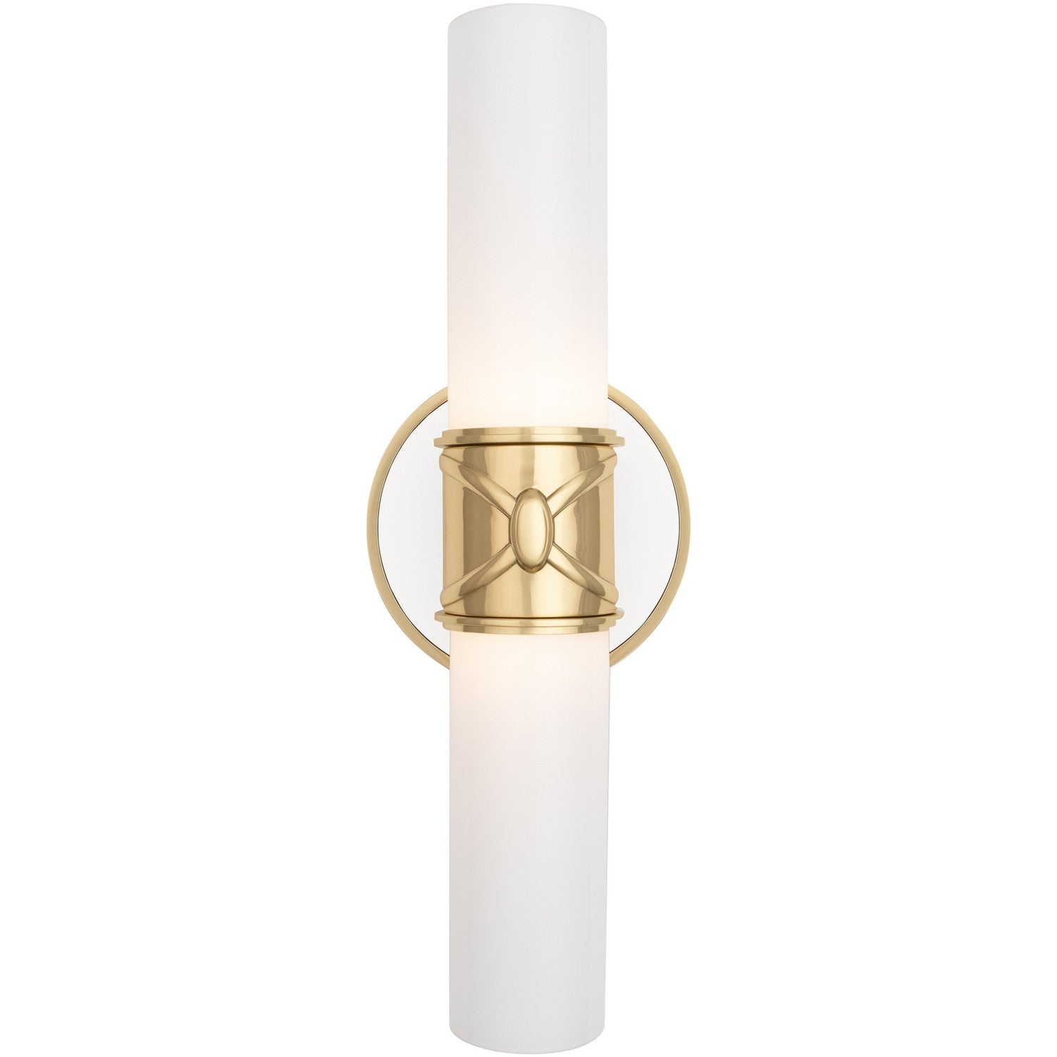 Robert Abbey - 1979 - Two Light Wall Sconce - Chase - Antique Brass w/Polished Cased White Glass Shades