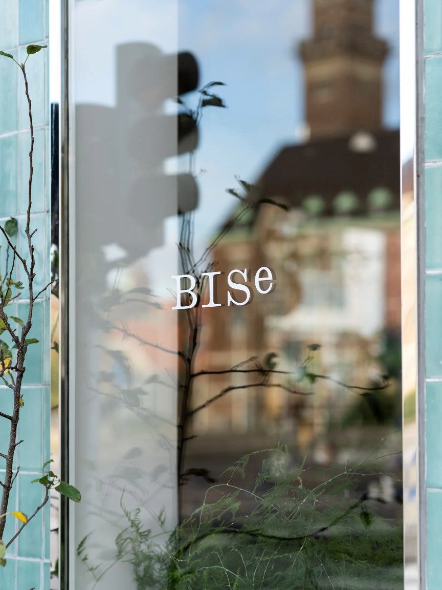 Glass door with 'BISE' branding and reflections of trees and buildings.