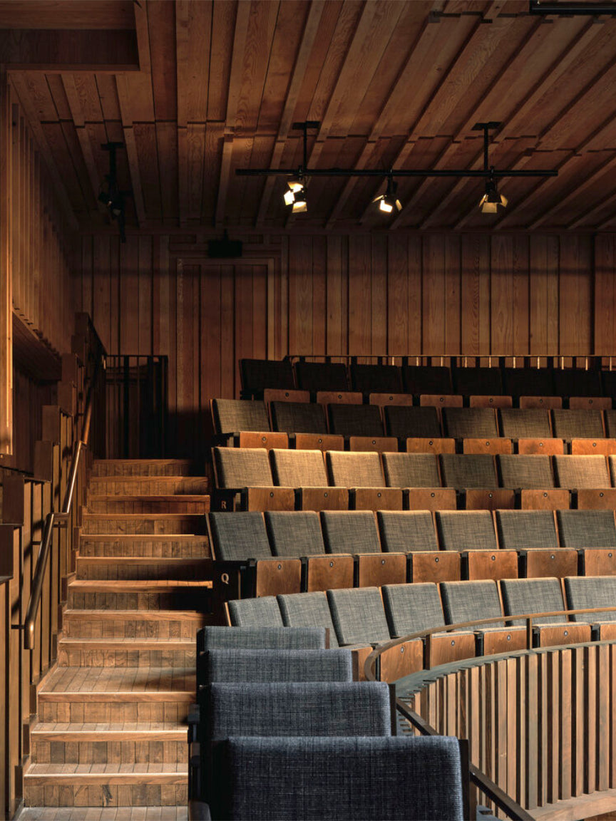 A dimly lit auditorium with wooden seats and steps.